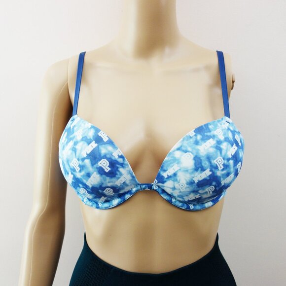 VS PINK Wear Everywhere Super Push up Blue Tie Dye Bra (34B) EUC - Picture 1 of 11